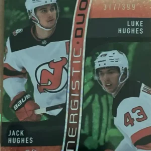 Jack Hughes / Luke Hughes 2023-24 Upper Deck Synergy Hockey Synergistic Duos Star-Rookie Green Parallel #SD-2 /399